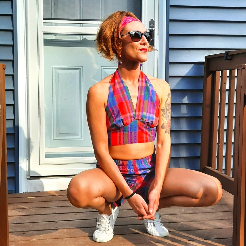 Halter Top & Shorts Set Vintage Seersucker Fabric